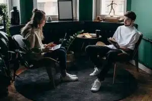 Couple talking in the living room