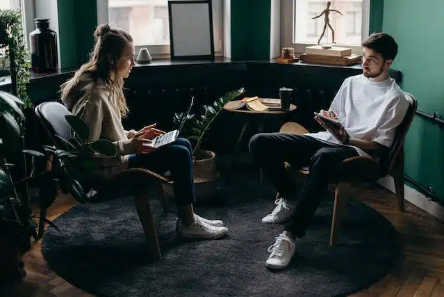 couple talking in the living room
